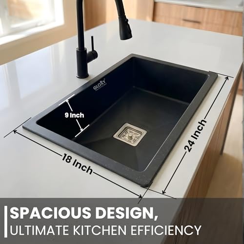 Image of Gloxy Premium Quartz Granite Single Bowl Kitchen Sink 24x18x9 Inches - Black Matte FInish Quartz Sink For Kitchen With Coupling Hose Pipe and Drainer Basket - Undermount /Topmount - 3 Years Warranty