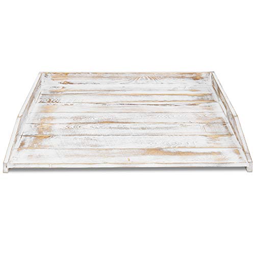 Mygift Shabby Whitewashed Solid Wood Noodle Board Stove Cover, 21 X 30-Inch Serving Ottoman Tray With Cutout Handles #TOP3