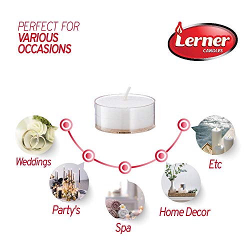 Lerner Clear Cup White Unscented Tea Light Candles - 4.5 Hour Long Burning Tealight Votive Candles - Bulk Candles Pack of 50 for Holiday, Wedding and Home Decoration
