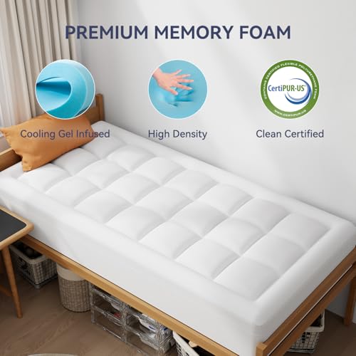 Image of ELEMUSE 3 Inch Twin Size Dual Layer Memory Foam Mattress Topper, 2 Inch Cooling Gel Foam, 1 Inch Soft Pillowtop Pad, Pressure Relief Bed Topper for Kids, Guest Room & Bunk Bed, Comfortable Support