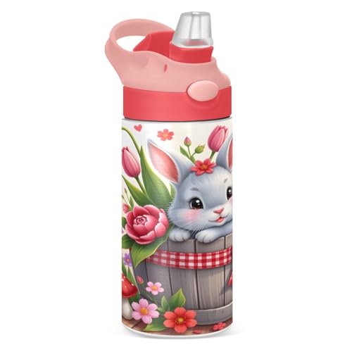 Rabbits in Flower Buckets Kids Water Bottle with Straw Lid 12oz Stainless Steel Cup Insulated Tumbler for Toddlers Girls