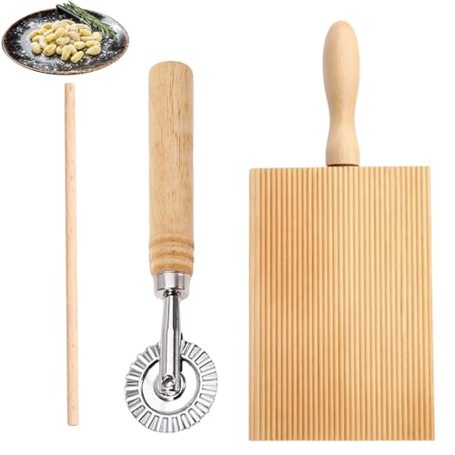 argtnayk Gnocchi Brett Set aus Holz – 3 Stück Nudelbrett mit Holzgriff, Teigrad und Teigstab, Kücheâ€¦ – Miniatur