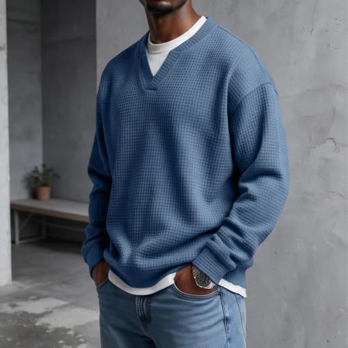 Waffle Shirts for Men Long Sleeve V Neck Fake 2 Piece Casual Layered Shirt - image 3