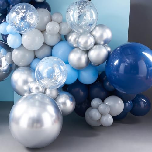 Image of PartyWoo 140 pcs Blue Balloon Arch Kit Garland Navy and Light Baby Blue Silver Gray 4D Foil and Glitter Balloons for Baby Shower Gender Reveal Graduation Wedding Birthday Party Decorations