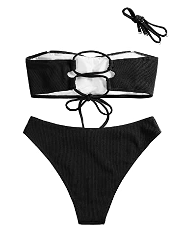 Zaful Women Strapless Ribbed High Cut Bandeau Bikini Set (0-Pure Black,S) #TOP21
