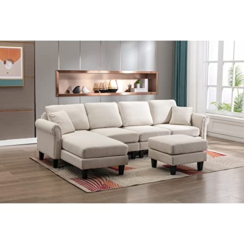 Image of Nathan 6 Seater L Shape Sofa with Centre Table | 6 Seater Sofa Set for Living Room | Premium Fabric Sofas