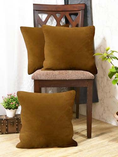 IVAZA Velvet Decorative Cushion Cover 16x16 Inch - Set of 3, Soft Solid Square Throw Pillow Covers for Sofa, Living Room or Home Decor - 40x40cm Dark Brown