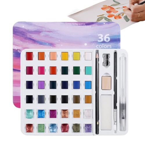 Genikeer Pinturas Acuarelas,Set De Acuarelas De 36 Colores | Set De Pinceles Y Pinturas Portátil Para Principiantes Niños Adultos Aula Viaje Exterior Cafetería Manualidades Y Uñas | Aula Exterior