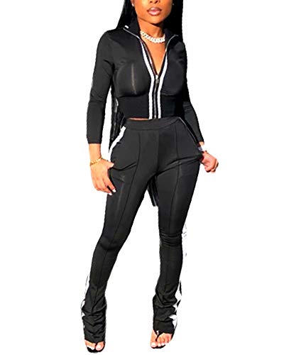 Women's Tracksuit Two Piece Outfits Zip-Up Bodycon Crop Jacket Bootcut Pants Jogging Set Sportswear with Pockets Black M