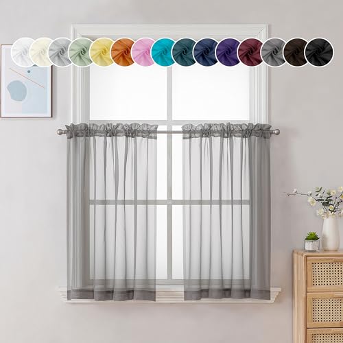 Image of Chyhomenyc Charcoal Grey Sheer Curtains 30 inch Length 2 Panels, Light Filtering Voile Rod Pocket Short Window Curtians for Bathroom Living Room Farmhouse Small Windows, 42Wx30L inches