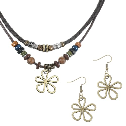 Alrhso Boho Halsketten Mehrlagige Holzperlen Halskette mit Hohlen Blumenanhänger Hippie Halskette...
