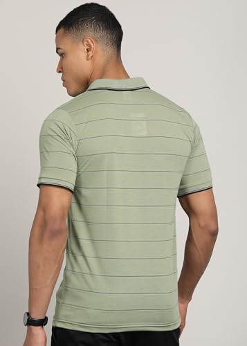 Image of INKKR Men Striped Polo Neck Cotton Blend T-Shirt