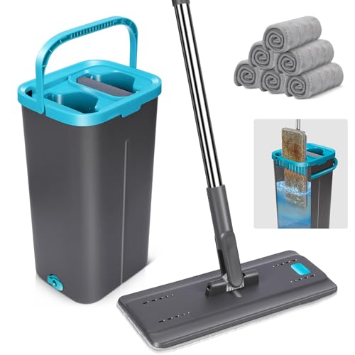 MASTERTOP Balai Serpillère et Seau Essoreur, Seau Balai Serpillière Rotatif 360°, Balai Microfibre Plat, Vadrouille Mains Libre pour Nettoyage Sol, avec 6 Tampons Réutilisables (Gris foncé)