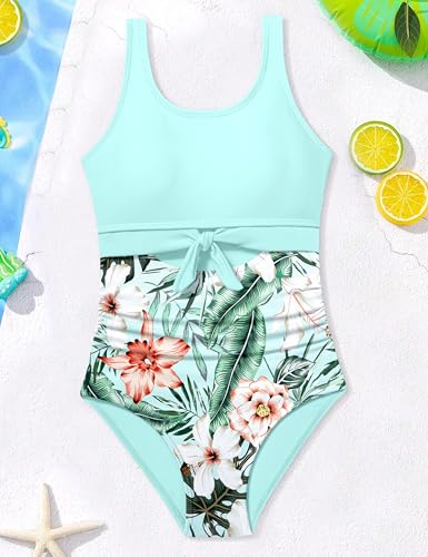 Image of Qaoerde Girls Swimsuit One Piece Swimsuits Cutout Ruched Bathing Suits Adjustable Straps Tie Girls' Swimwear 9-16Y