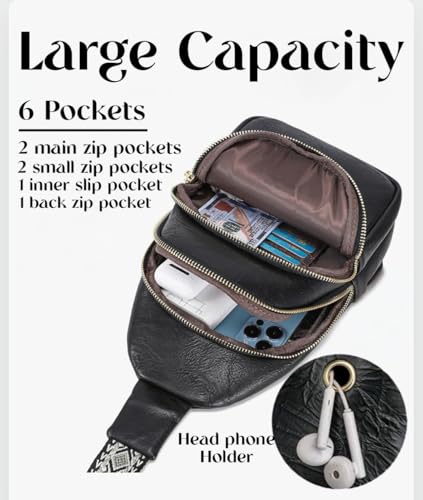 Sling Bag Fashion Backpack for Women Vegan Leather Crossbody Bags Fanny Pack Chest Bag for Travel (Black)4