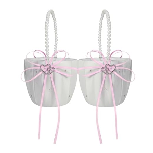 2 cestas de casamento para meninas de flores, cesta de armazenamento de flores de coração duplo com lindo laço de pérola para cerimônia de casamento (rosa)
