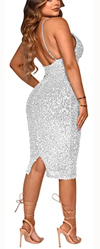 Hostoyo Women Sequin Dress Women Sparkly Sexy Dresses Clubwear Cocktail Party Evening Deep V Neck Adjustable Spaghetti Straps #TOP1