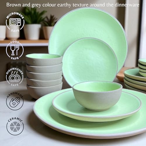 Image of Hand Painted Ceramic Dinnerware Set - 18 Pieces | 6 Dinner Plates, 6 Small Plates, 6 Katori Bowls | Earthy Mint | Microwave & Dishwasher Safe | Perfect for Home & Gifting