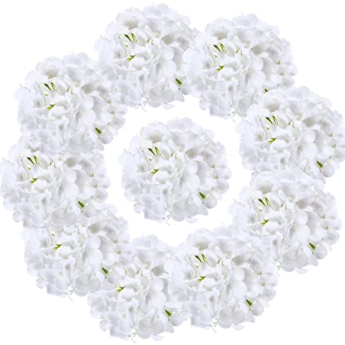 LUSHIDI Silk Hydrangea Heads with Stems Artificial Flowers Heads for Home Wedding Decor,Pack of 10 (White)