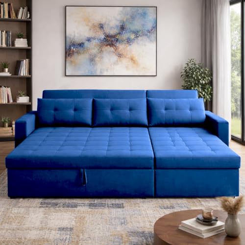 Image of Emilio 4 Seater LHS L - Shape Pull-Out Sofa Cum Bed Sofa for Living Room (Blue Fabric Color) Premium Fabric Sofa Set for Living Room Sofa Cum Bed