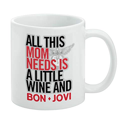 Bon Jovi Mom Needs Wine and Jovi Ceramic Coffee Mug, Novelty Gift Mugs for Coffee, Tea and Hot Drinks, 11oz, White