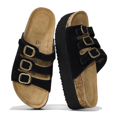 Project Cloud 100% Genuine Leather Platform Sandals Women Footwear - Comfortable Womens Slides Memory Foam Insole - Non Slip Water-Resistant 3-Strap Wedge Sandals for Women 2026 (Dyan, Black, 10)