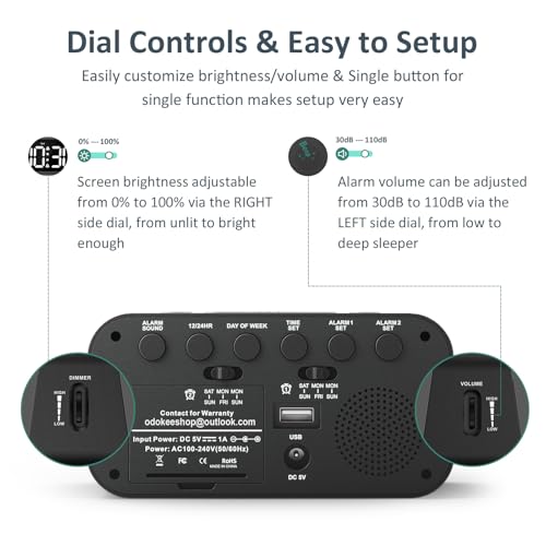Image of Odokee Digital Dual Alarm Clock for Bedroom with 0-100% Dimmable Display | Easy to Set Alarm Clock with Weekday /Weekend Mode - Loud Alarm for Heavy Sleepers with 5 Sounds Adjustable Volume