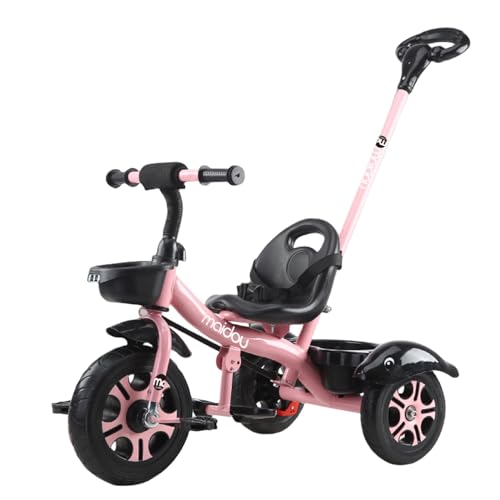 DMG Kids Tricycles سيكل اطفال Foldable Dismounting Pedal Removable Push Handle Adjustable Seat 3-Point Safety Harness and Rear Storage Box Gifts for Boys and Girls for 1-6 Year Olds (Pink)