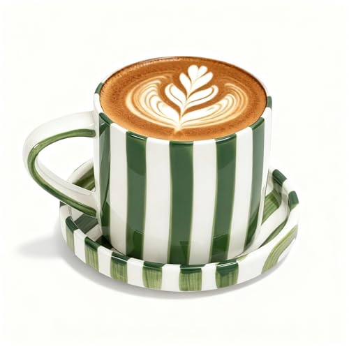 Ceramic Coffee Mug, Large Hot Chocolate Mugs 8oz Novelty Mug with Saucer, Cute Pottery Tea Cup Hand-Painted Striped Art Multiple Use for Kitchen, Office(Green)