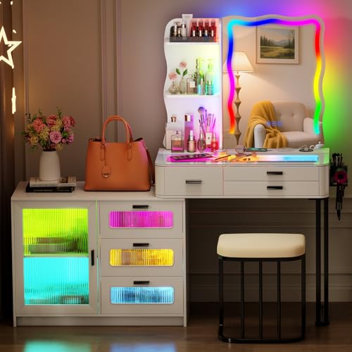 HNEBC Vanity Desk with Sliding Mirror and LED Lights, RGB Vanitys with Charging Station, Makeup Vanitys with Remote Control, White Dresser with Stool/Lager Drawers for Bedroom (Grey) 5080-gr