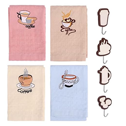 Coffee Kitchen Dish Towels, Funny Coffee Bar Accessories Decor Hand Towels with Hooks, Handmake Embroidery+Super Absorbent Drying Cloth Tea Towels Cooking Baking Lovers Gifts (4Colors)