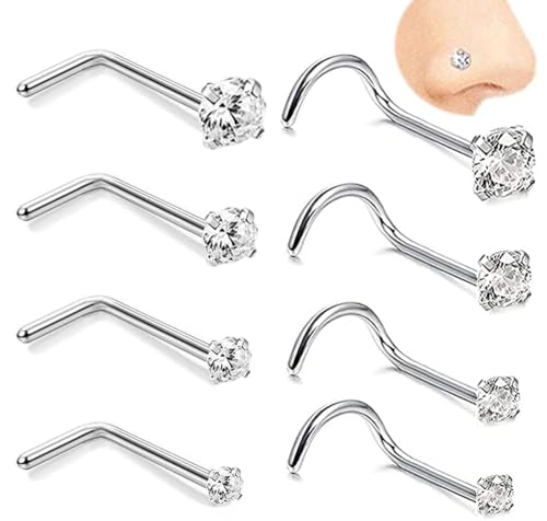 Vitaltyextracts 8pcs 20G Hypoallergenic Nose Screw Studs Round Diamond Surgical Steel Nose Rings Piercing Set