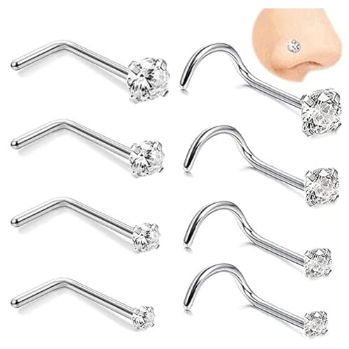 Vitaltyextracts 8pcs 20G Hypoallergenic Nose Screw Studs Round Diamond Surgical Steel Nose Rings Piercing Set