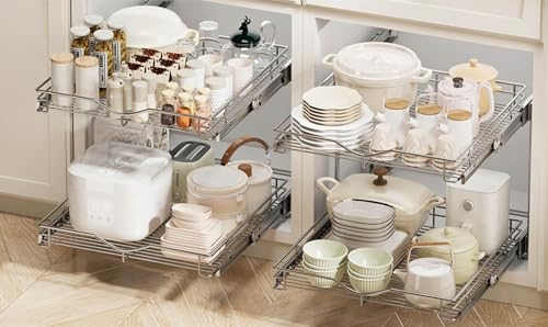 DINDON Pull Out Cabinet Organizer (14\" W X 21\" D), Cabinet Pull Out Shelves, 2 Tier Pull Out Drawers for Kitchen Cabinets, Wire Basket Slide Out Shelf for Cabinet Organization in Kitchen, Pantry