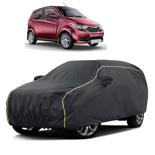 Image of Sulfar 100% Water Resistant Car Body Cover Compatible with Mirror for Mahindra e2o (Triple Stitched, Full Bottom Elastic, Dark Grey Taffeta with Yellow Piping)