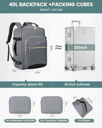 Image of LOVEVOOK 40L Travel Backpack Flight Approved Carry on Backpack,3 Packing Cubes,Waterproof Personal Item Travel Bag,TSA Carry on Luggage Suitcase Travel Essentials,Gifts for Women & Men,fits 17 inch Laptop