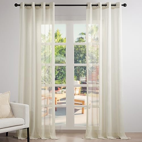 Topfinel Gardinen Stores Gardine mit ösen Voile Vorhang Halbtransparent Moderne Leinenoptik vorhänge kinderzimmer Gardinen Fenster 2er Set 280x140 cm (HxB) Beige