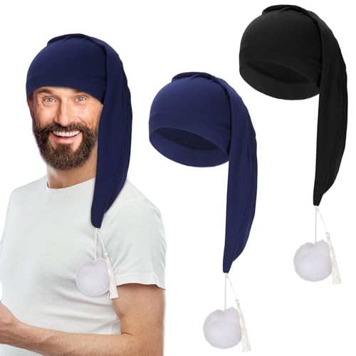 Erogeen Cuffia da notte da uomo, regolabile, con coulisse, 2 pezzi, con pompon, per costumi quotidiani e feste, Nero e blu navy, Taglia unica