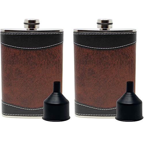 Liquor Hip Flasks Set for Men, Stainless Steel, PU Brown and Black Leather, 8oz, Pack of 2