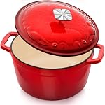DUTZUN Enameled Cast Iron Dutch Oven - 5 Quart, Crab Lid (Patented), Oversized Knob, for Bread Baking Braiser, Cooking Stock Pot - Red