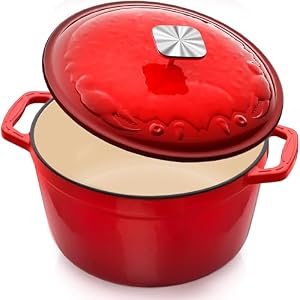 DUTZUN Enameled Cast Iron Dutch Oven – 5 Quart, Crab Lid (Patented), Oversized Knob, for Bread Baking Braiser, Cooking Stock Pot – Red