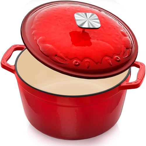DUTZUN Enameled Cast Iron Dutch Oven – 5 Quart, Crab Lid (Patented), Oversized Knob, for Bread Baking Braiser, Cooking Stock Pot – Red