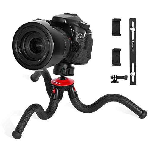 Fotopro Flexible Phone Tripod, Camera Tripod with Dual 1/4" Screw & Bluetooth Remote Control & Smartphone Mount for iPhone, DSLR, Samsung, Huawei
