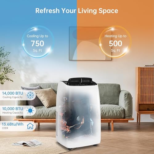 Image of 14,000 BTU Portable Air Conditioner with Heater, 4 in 1 AC Unit for Living Room with Cooling, Dehumidifier & Fan, Quiet Mobile AC with Remote Control, Cooling & Heating for Rooms Up to 750 Sq.Ft