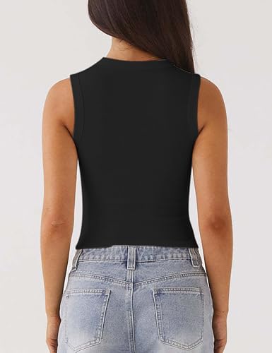 Relety Womens Crop Tank Tops Going Out Button Down Vest Seamless Ribbed Trendy Shirts Cute Sleeveless Summer Spring Y2K Cami - Black Small — view 6