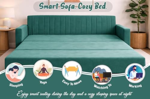 Image of Sofa-Cum-Bed | Three-Seater Foladable Sofa with Armrest | Modern Fabric Sofa Bed for Living Room, Bedroom & Office - Green Color