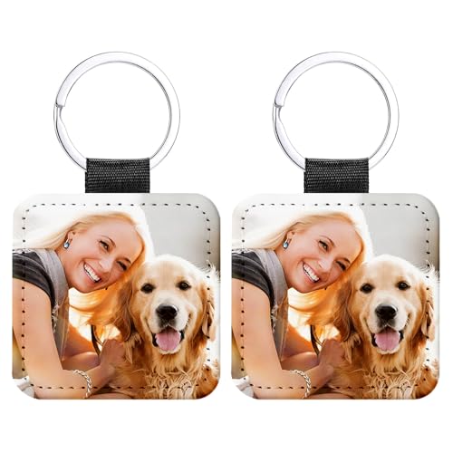 Kiddo Sky Llavero de Cuero Personalizado para Hombres Llavero con Foto Personalizado de Doble Cara para Pareja Novio Familia (Cuadrado)