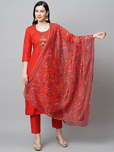 Image of GoSriKi Women's Cotton Blend Straight Printed Kurta with Pant & Dupatta (Authentic-GS)