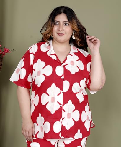 Image of Printed Shirt Style Cotton Night Suit for Women with Extra Plus Size