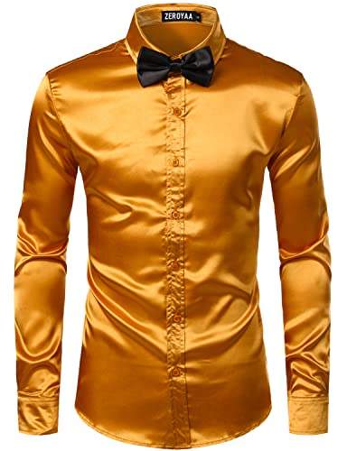 Image of ZEROYAA Men's Luxury Printed Silk Like Satin Button Down Dress Shirt for Party Prom